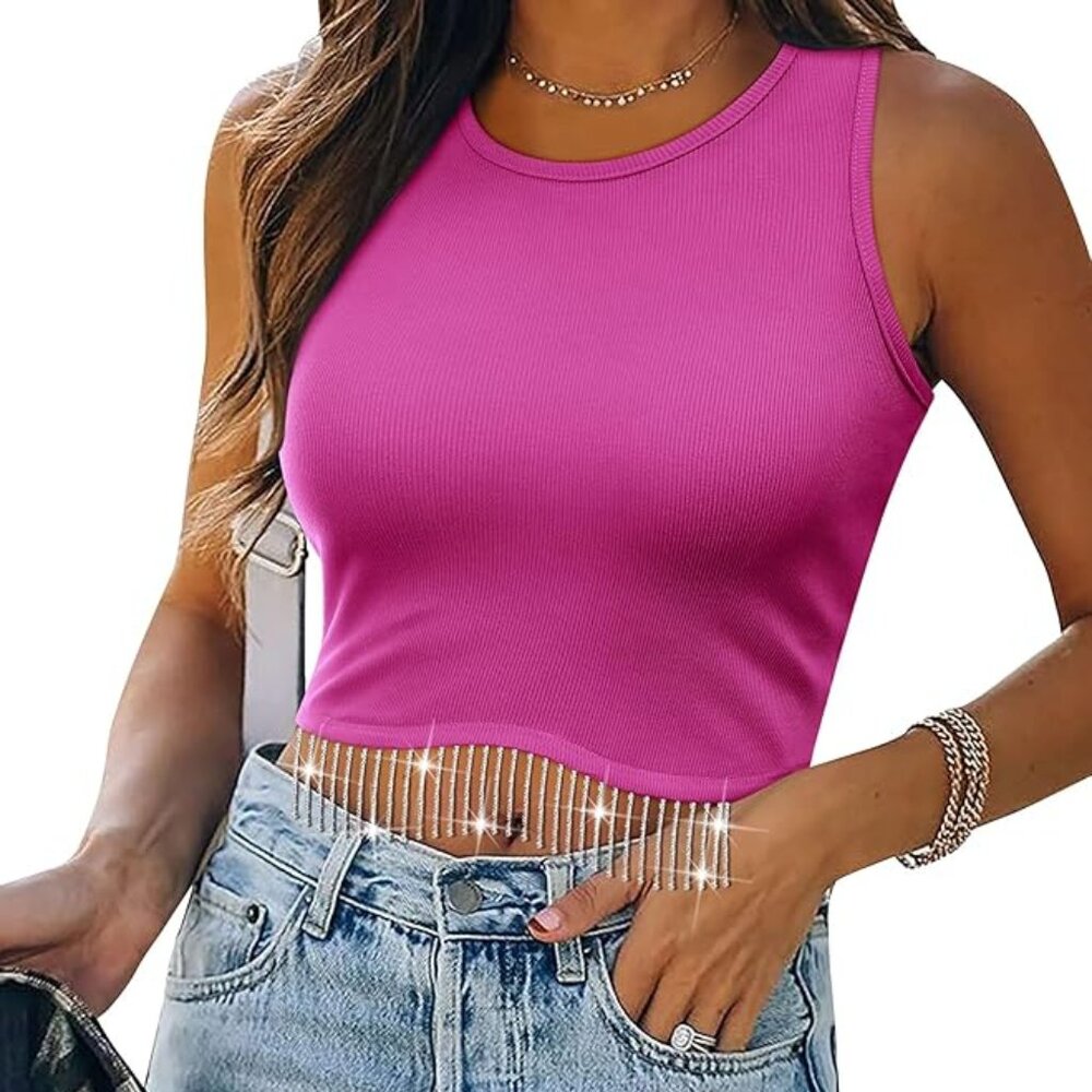 Pink Sparkly Fringe Sleeveless Crop Top